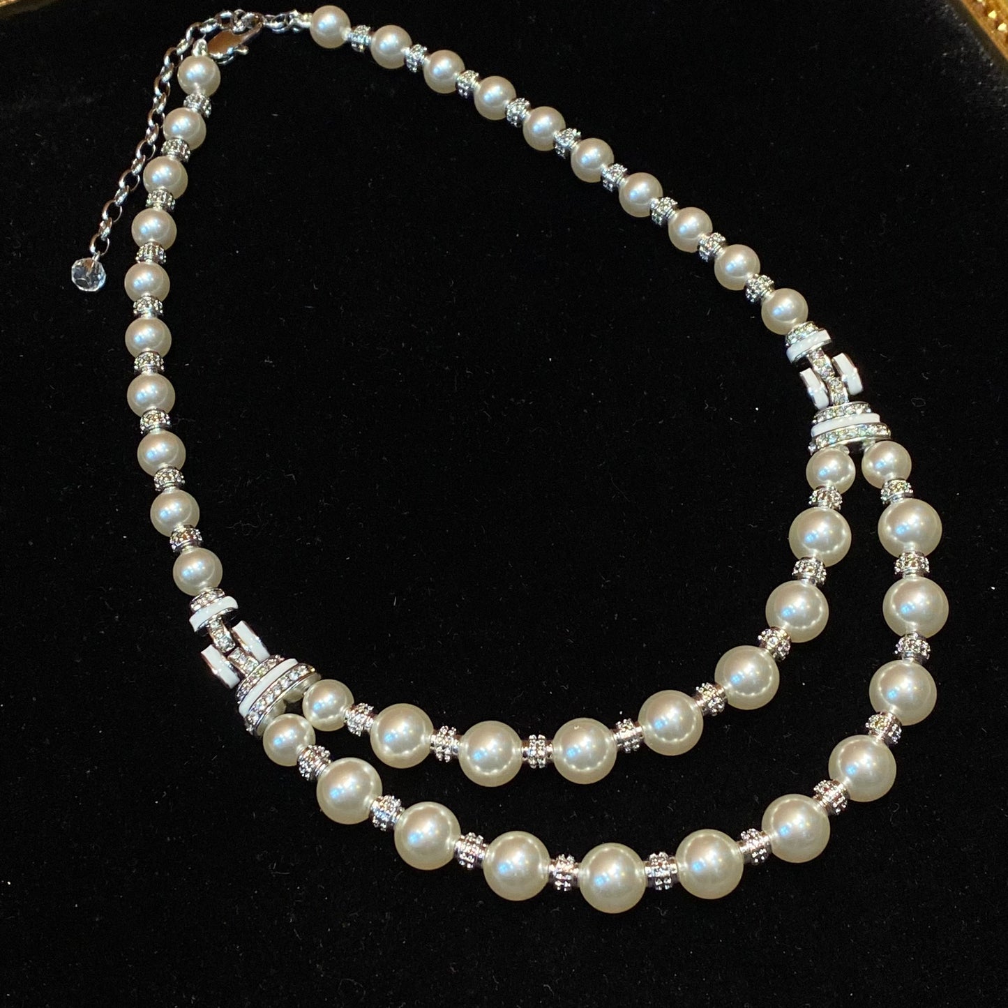 Vintage style double-decked glass pearls nacklace with Rhinestones brass 24k gold-plated