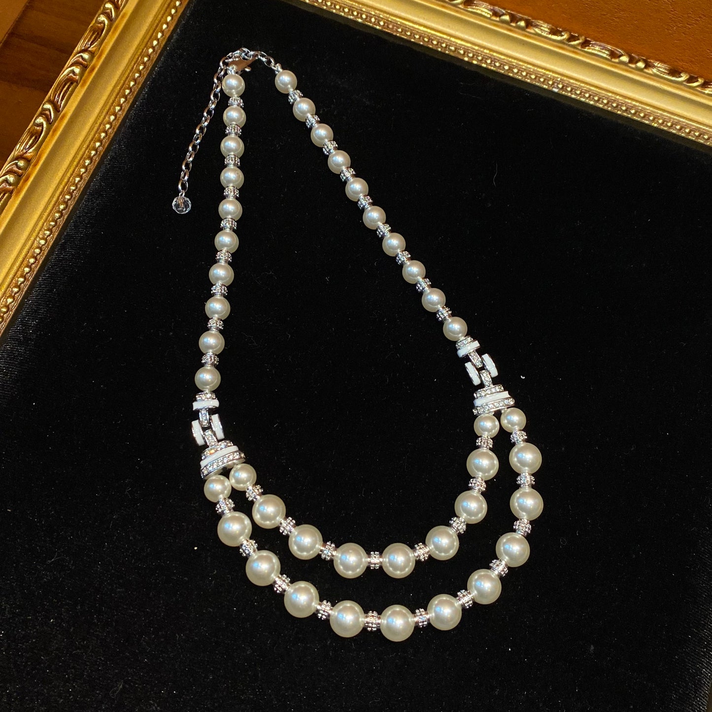 Vintage style double-decked glass pearls nacklace with Rhinestones brass 24k gold-plated