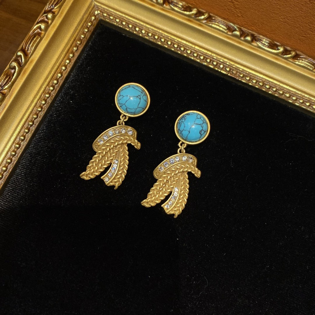 Vintage Style Turquoise Brass Earrings 18k Gold-Plated Premium Rhinestones Pendant Earrings
