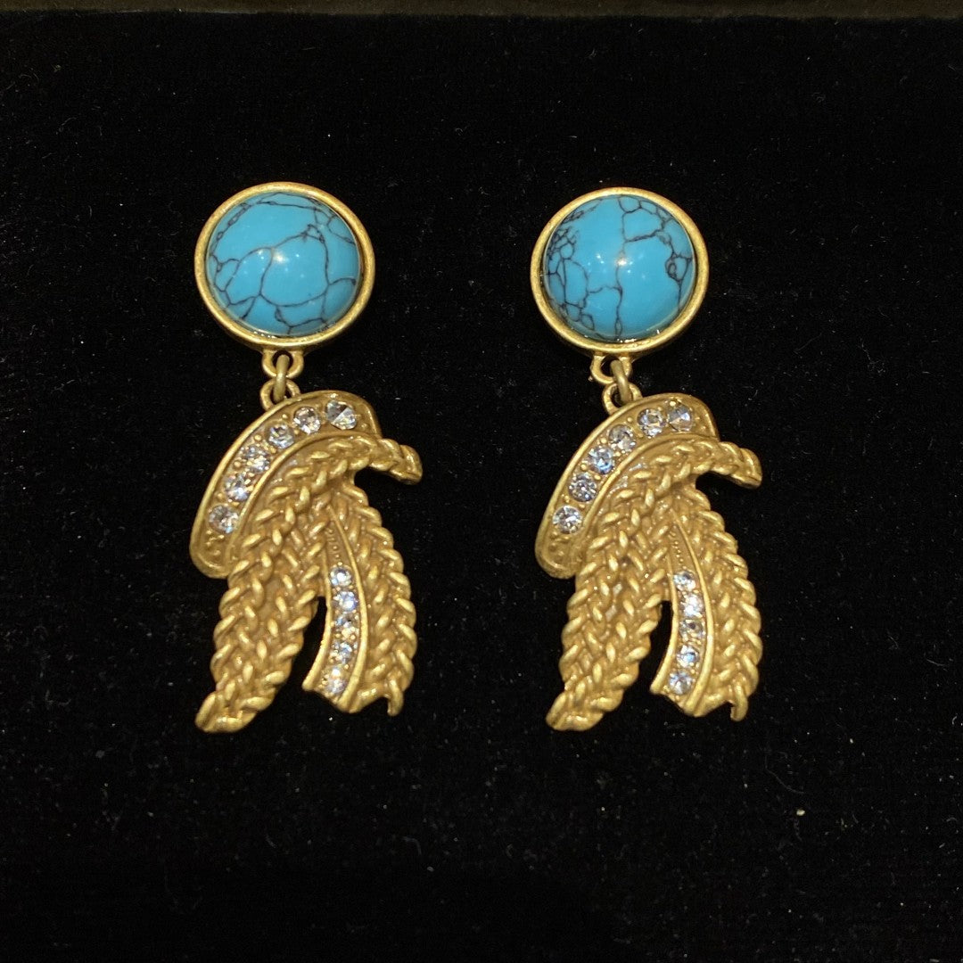Vintage Style Turquoise Brass Earrings 18k Gold-Plated Premium Rhinestones Pendant Earrings