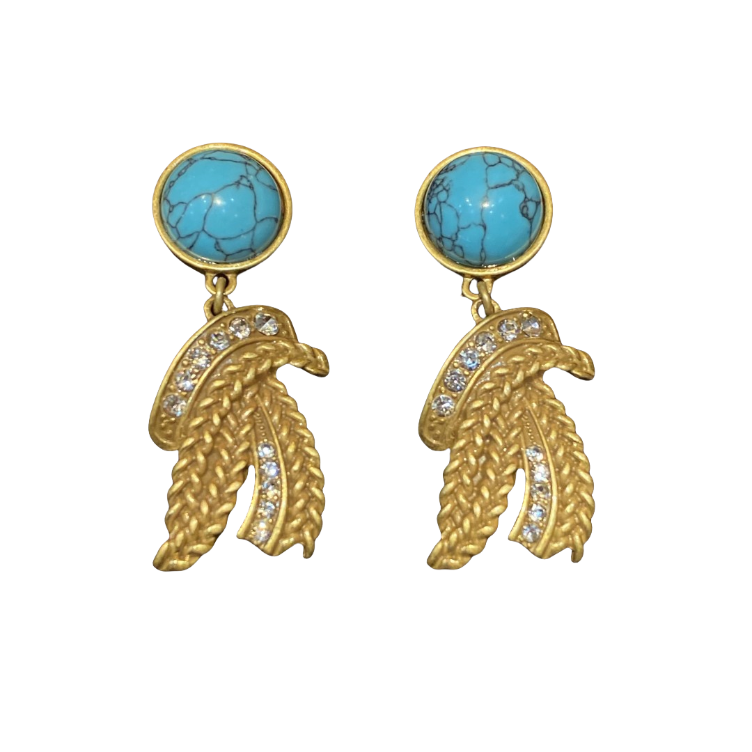 Vintage Style Turquoise Brass Earrings 18k Gold-Plated Premium Rhinestones Pendant Earrings