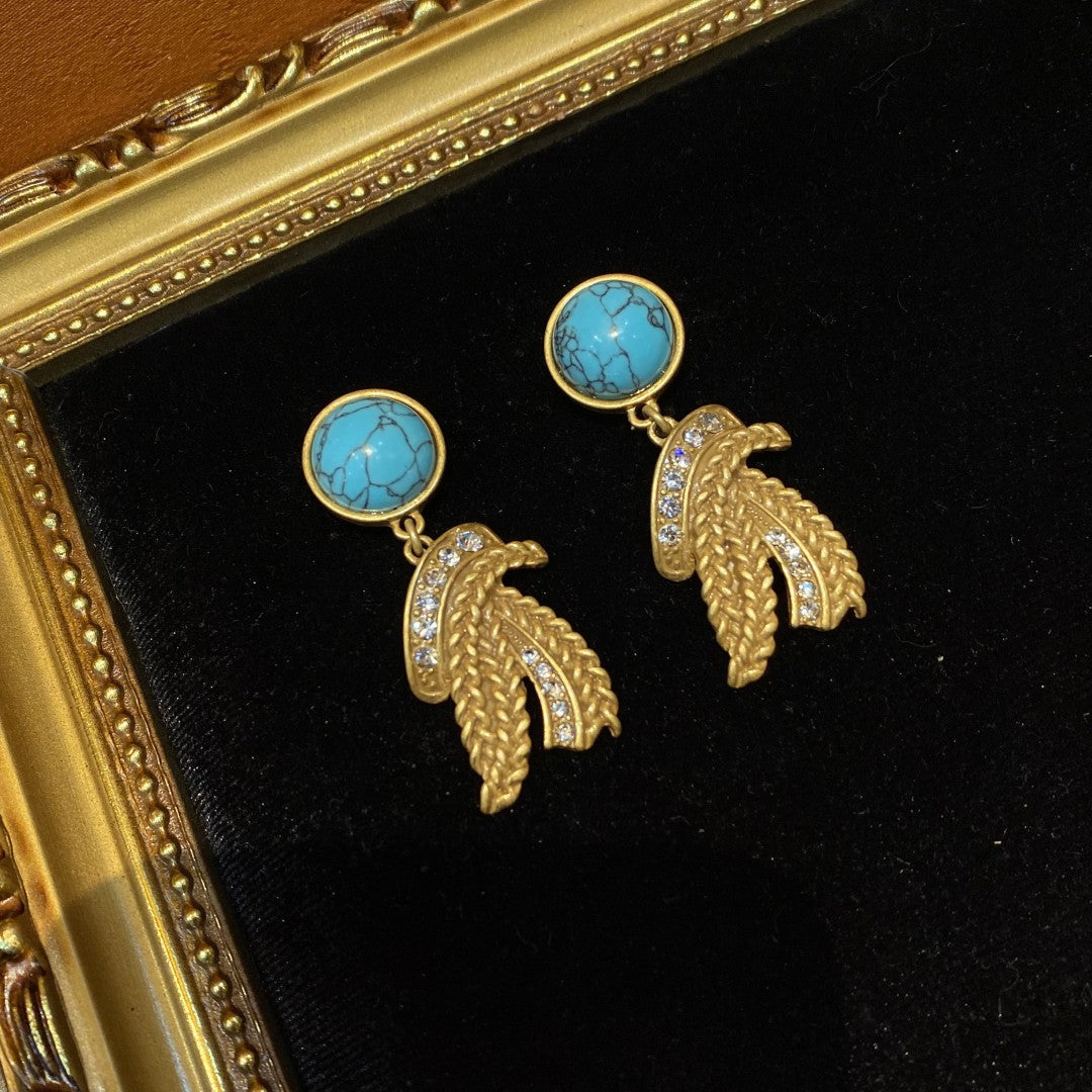 Vintage Style Turquoise Brass Earrings 18k Gold-Plated Premium Rhinestones Pendant Earrings