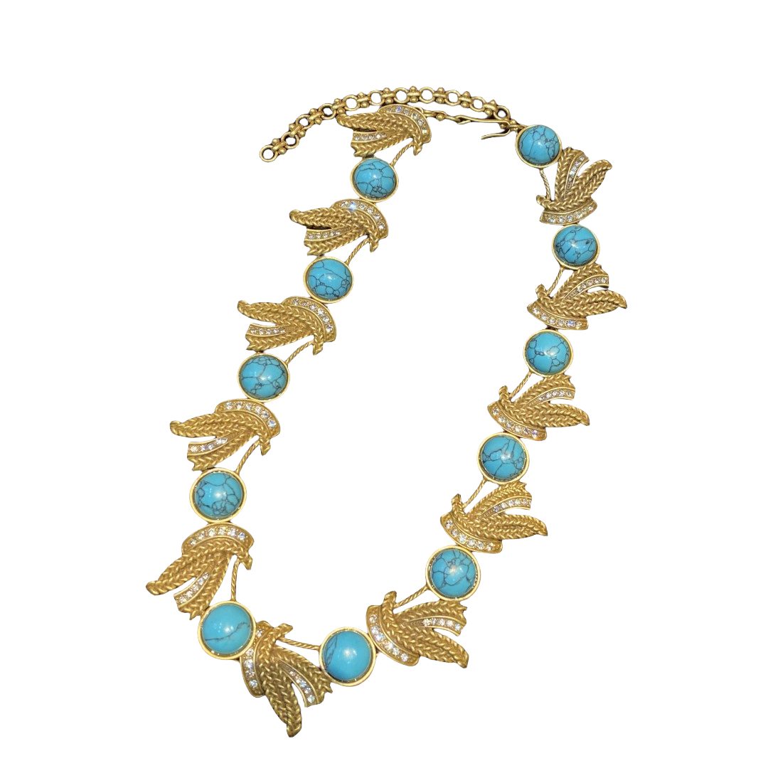 Fashion Vintage Designed Necklace 18k Gold-plated With Rhinestone And Turquoise Women'S Jewelry