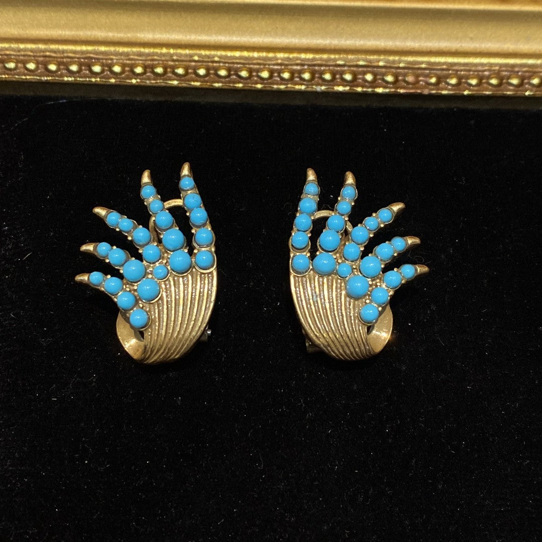 Vintage style 18k-gold plated brass seagrass shape earrings with turquoise beads