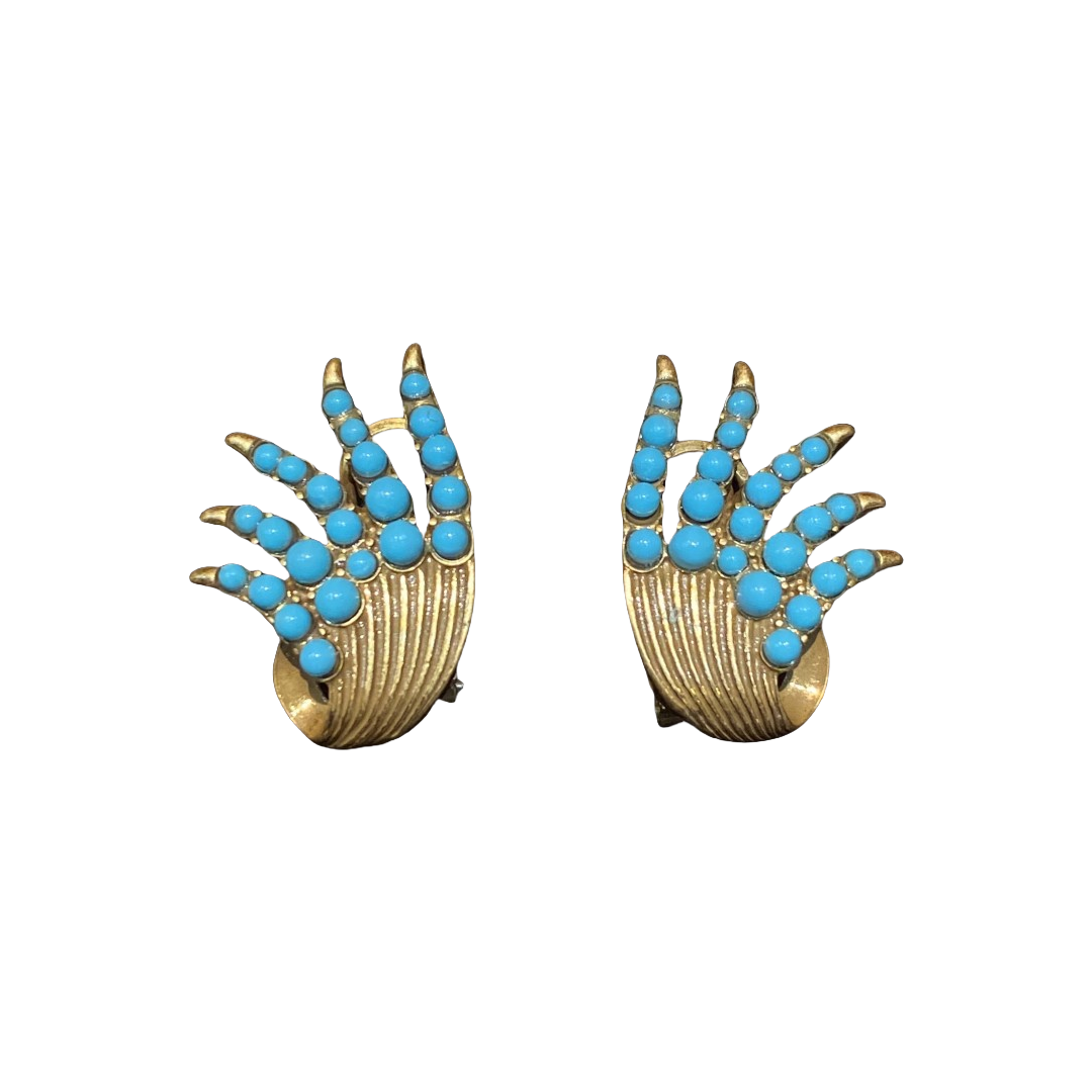 Vintage style 18k-gold plated brass seagrass shape earrings with turquoise beads