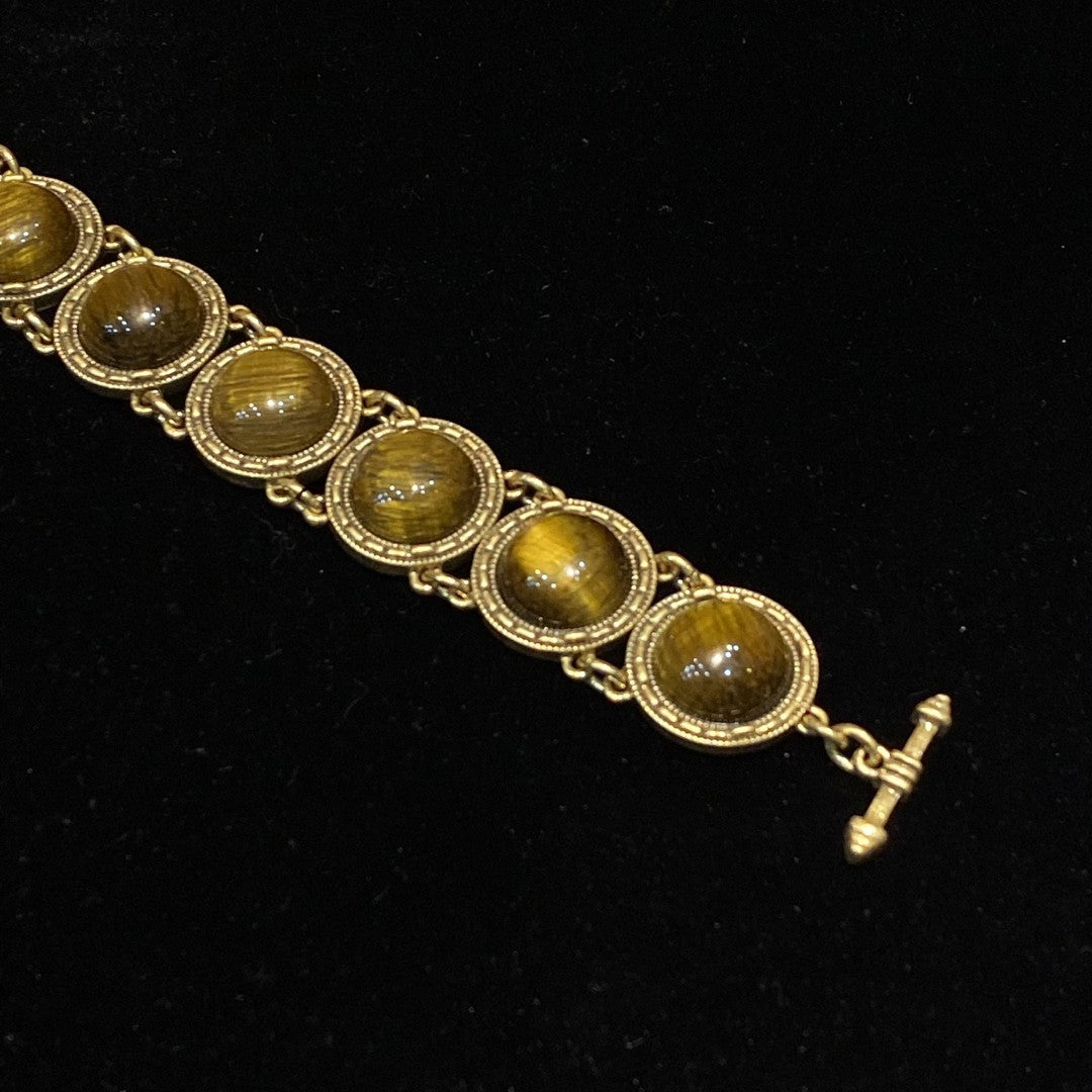Vintage style 18k-gold plated brass bracelet circle shape circle with tigereye