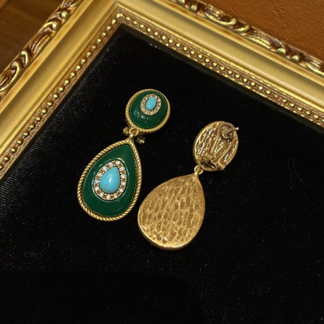 vintage style brass 18k-gold oval and water drop shape with dark green polymer resin and turquoise drop earrings
