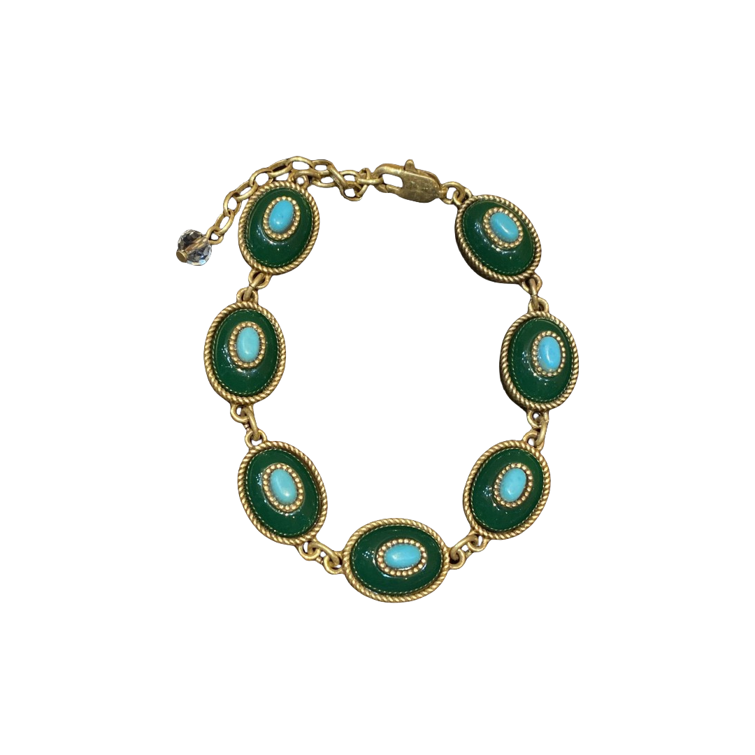 vintage style brass 18k-gold oval shape with dark green polymer resin and turquoise bracelet
