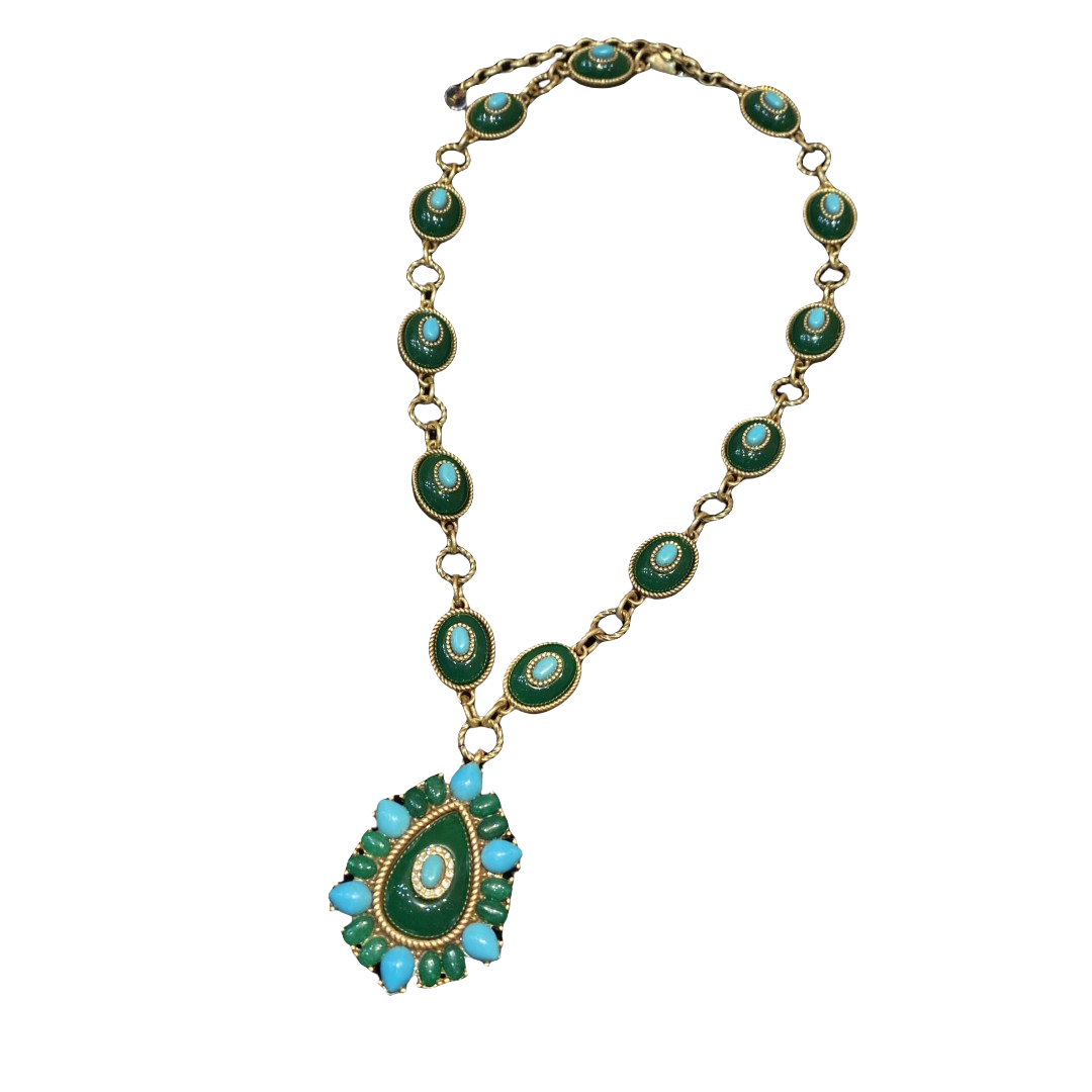 vintage style brass 18k-gold adjustable necklace oval shape with dark green polymer resin and turquoise necklace with a pendant