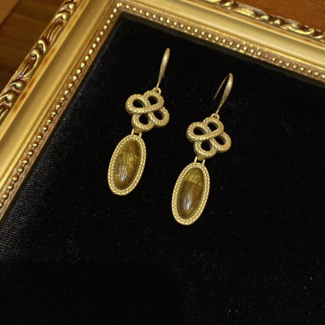 vintage style 18k-gold plated brass chinese knot with oval share pendent earrings with tigereye