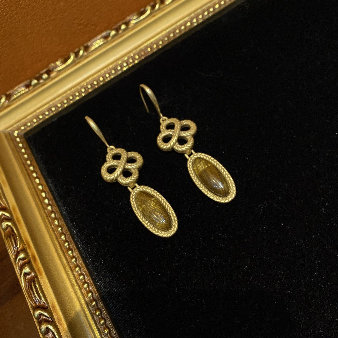 vintage style 18k-gold plated brass chinese knot with oval share pendent earrings with tigereye