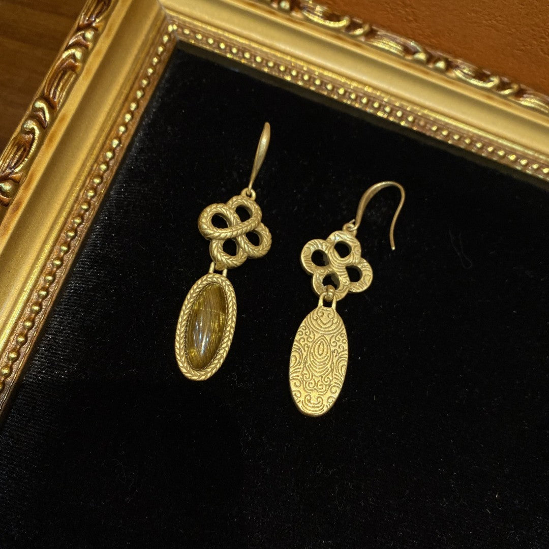 vintage style 18k-gold plated brass chinese knot with oval share pendent earrings with tigereye