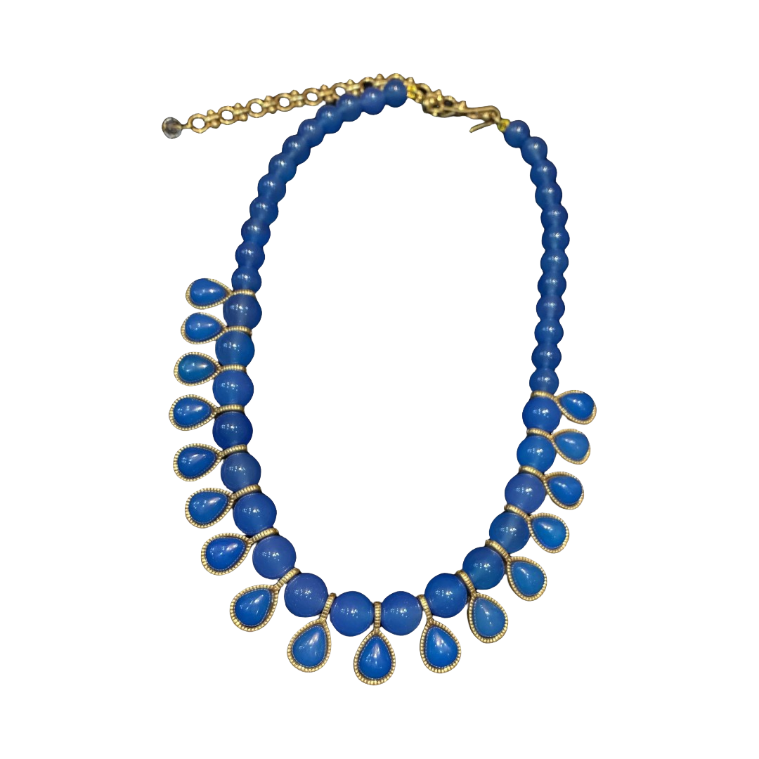 Vintage style 18k-gold plated brass adjustable necklace with blue natural stone beads and small water drop pendants