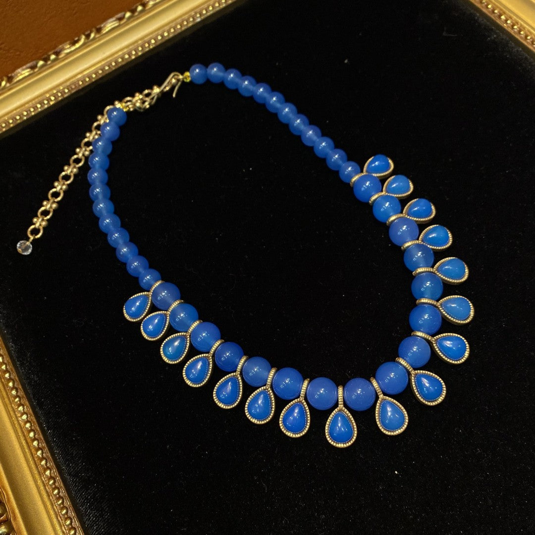 Vintage style 18k-gold plated brass adjustable necklace with blue natural stone beads and small water drop pendants