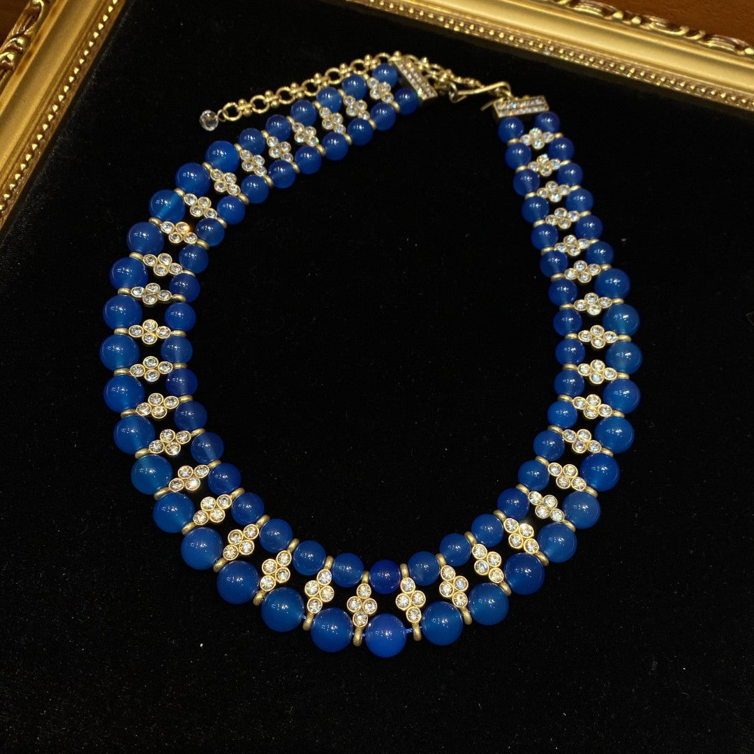 Vintage style 18k-gold plated brass adjustable necklace with blue natural stone beads and rhinestones