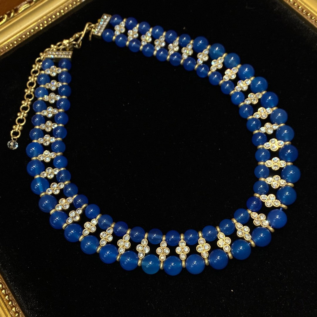 Vintage style 18k-gold plated brass adjustable necklace with blue natural stone beads and rhinestones