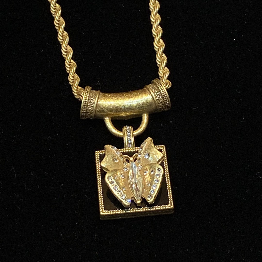 Vintage style 18k-gold plated brass adjustabel necklace butterfly square shape with rhinestone with black enamel