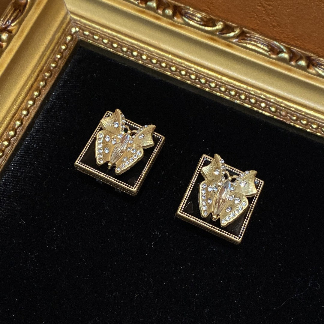 Vintage style 18k-gold plated brass earrings butterfly square shape with rhinestone with black enamel