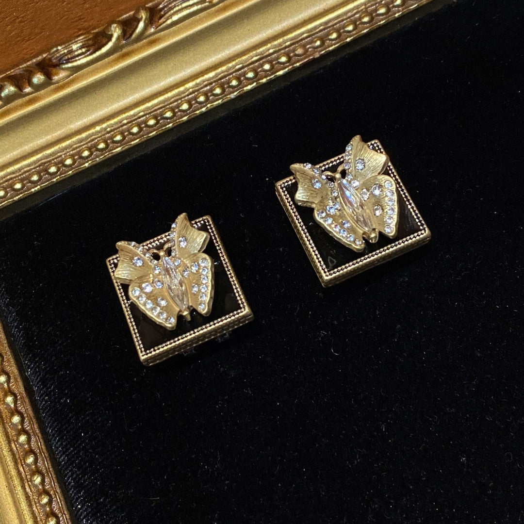 Vintage style 18k-gold plated brass earrings butterfly square shape with rhinestone with black enamel