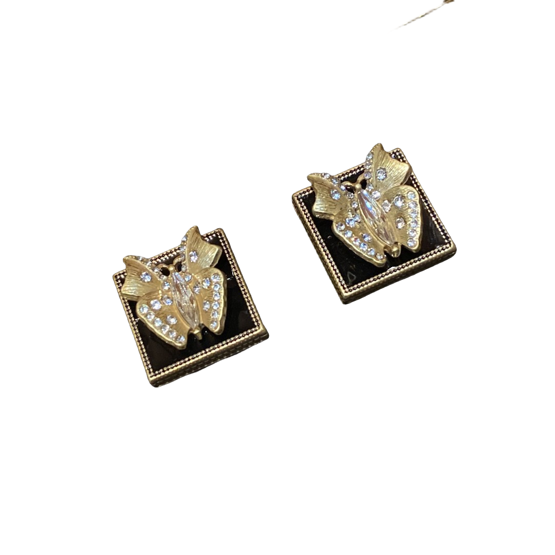 Vintage style 18k-gold plated brass earrings butterfly square shape with rhinestone with black enamel