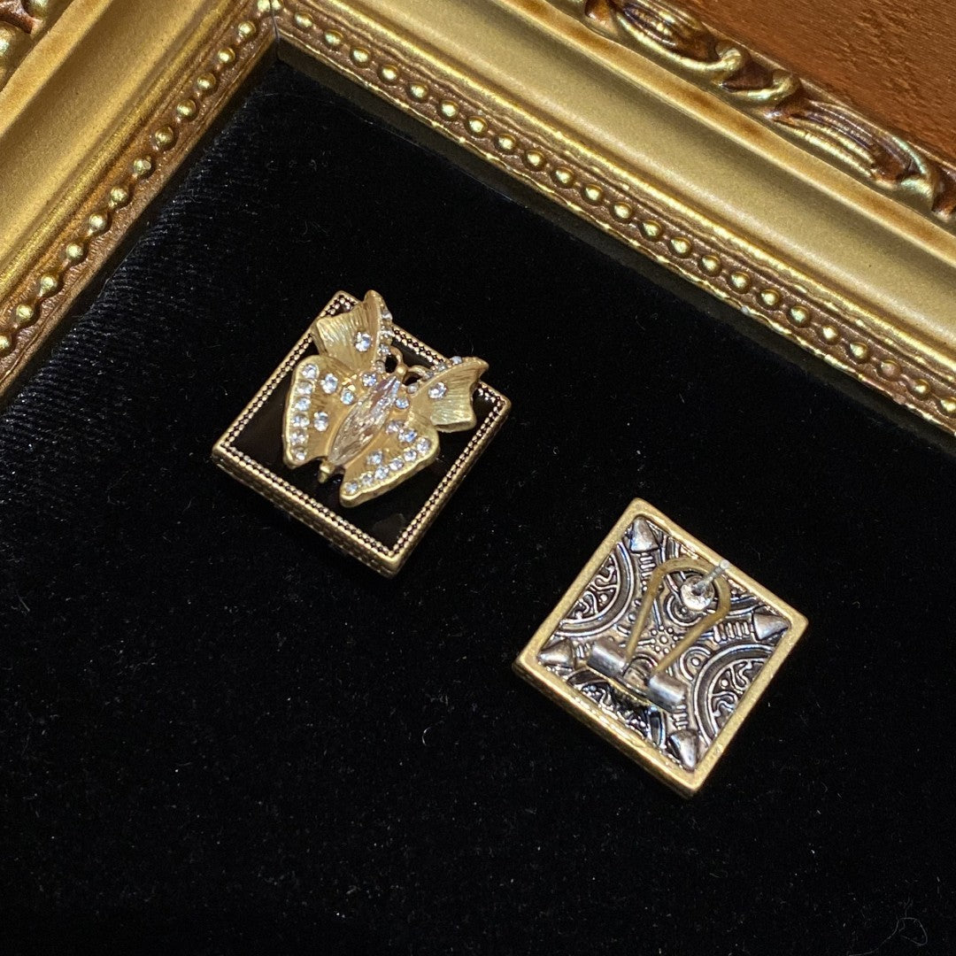 Vintage style 18k-gold plated brass earrings butterfly square shape with rhinestone with black enamel