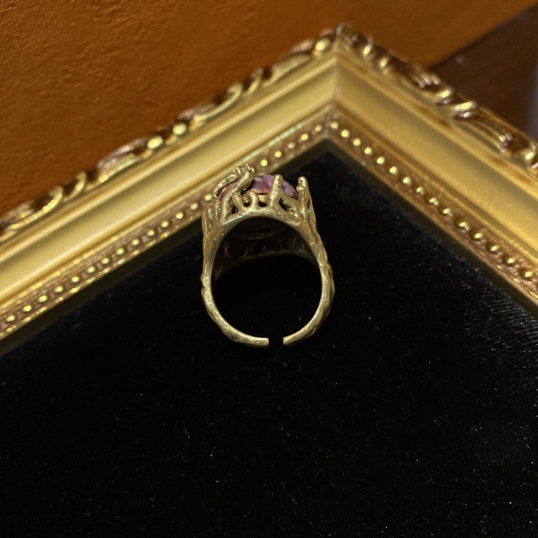 Vitatge style 18k-gold plated brass ring with diamonds and a piece of beatiful purple natural stone