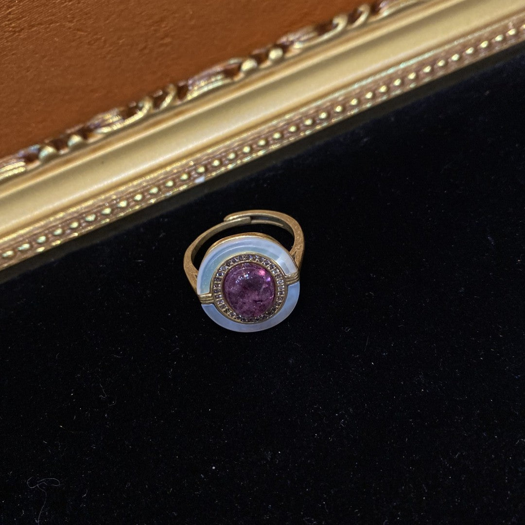 Vitatge style 18k-gold plated brass ring with shells and purple colored glaze