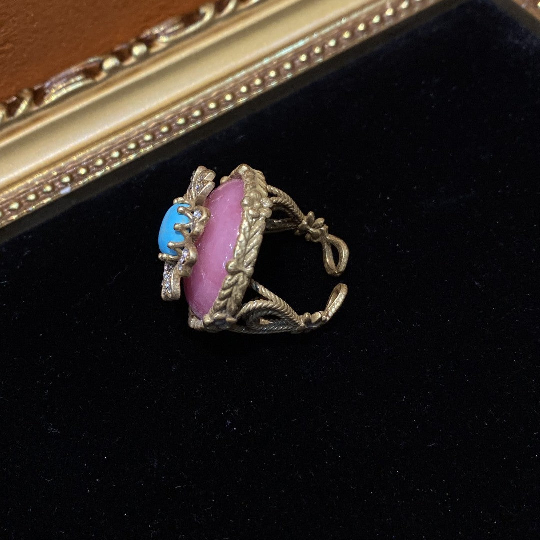 Vitatge style 18k-gold plated brass ring a flower shape with rhinestones and pink & blue natural stone