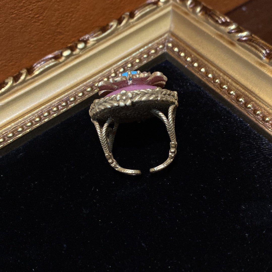 Vitatge style 18k-gold plated brass ring a flower shape with rhinestones and pink & blue natural stone