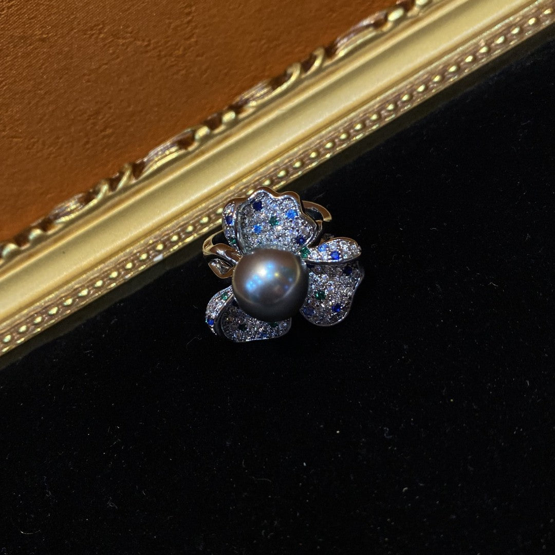 Vitatge style 925silver plated brass ring a flower shape with rhinestone and keshi color glass pearl