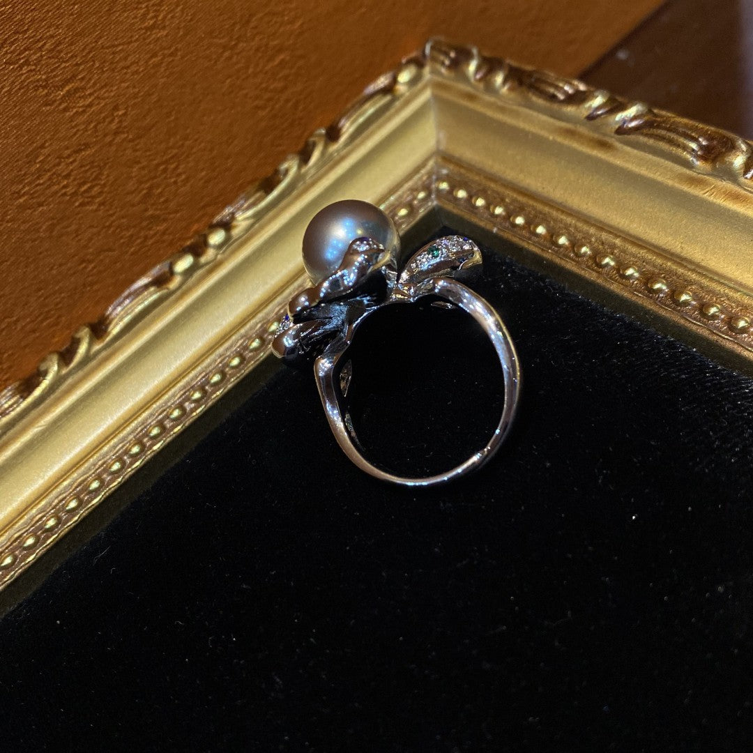 Vitatge style 925silver plated brass ring a flower shape with rhinestone and keshi color glass pearl