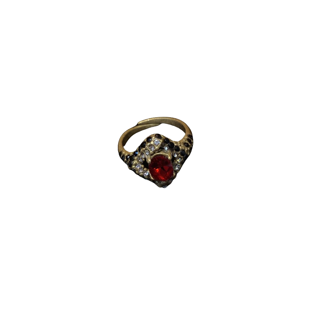 Vitatge style 18k-gold plated brass ring a square shape with red rhinestone and white & naveyblue diamonds