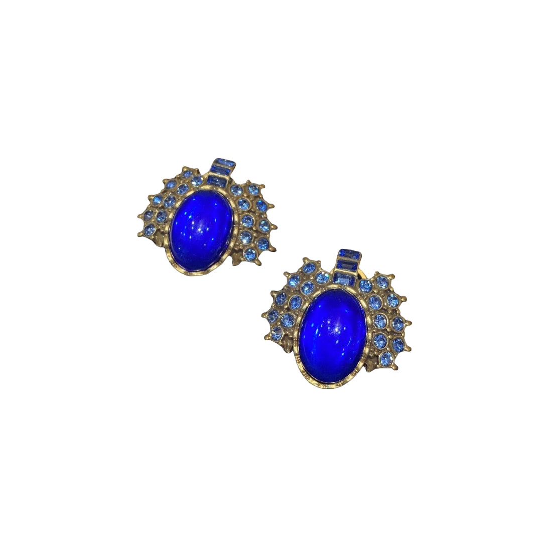 vintage style 18k-gold plated earrings made by oval blue coloured glaze with blue rhinestones in firework shape gorgerous & chariming