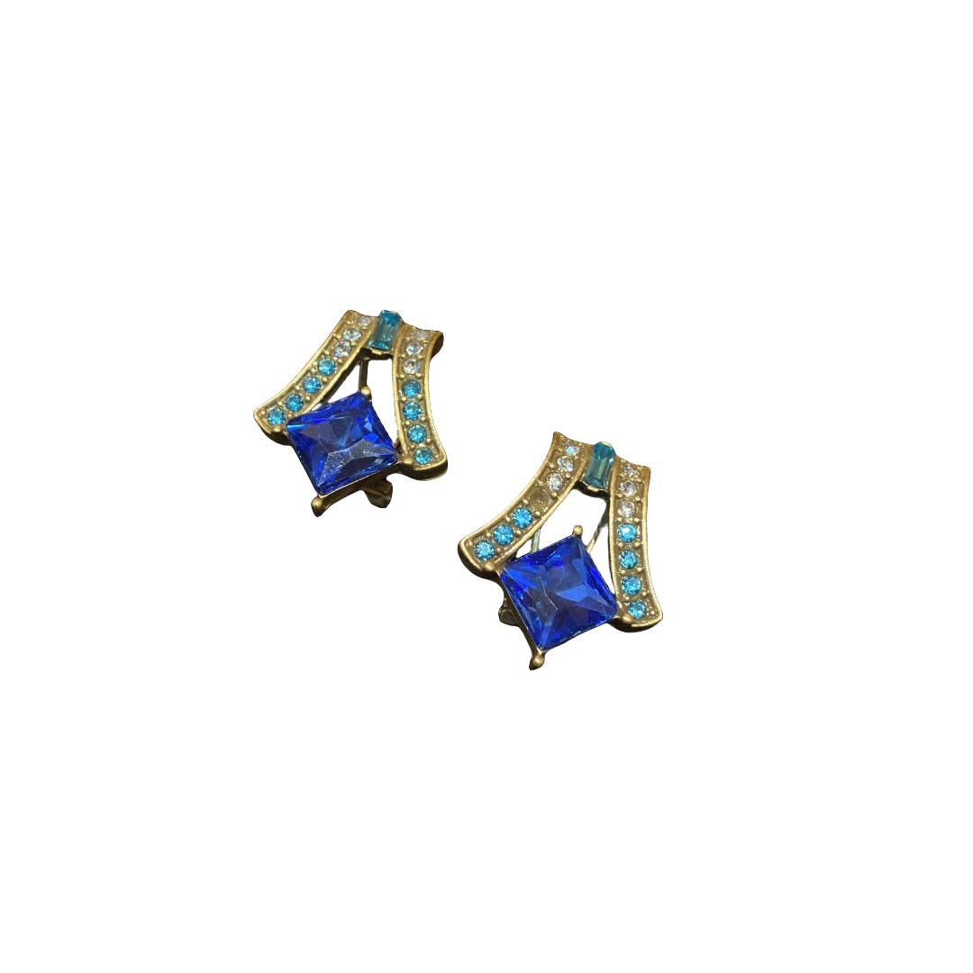 Fashion Vintage Designed brass earings 18k Gold-plated With blue Gemetric rhinestone Women'S Jewelry