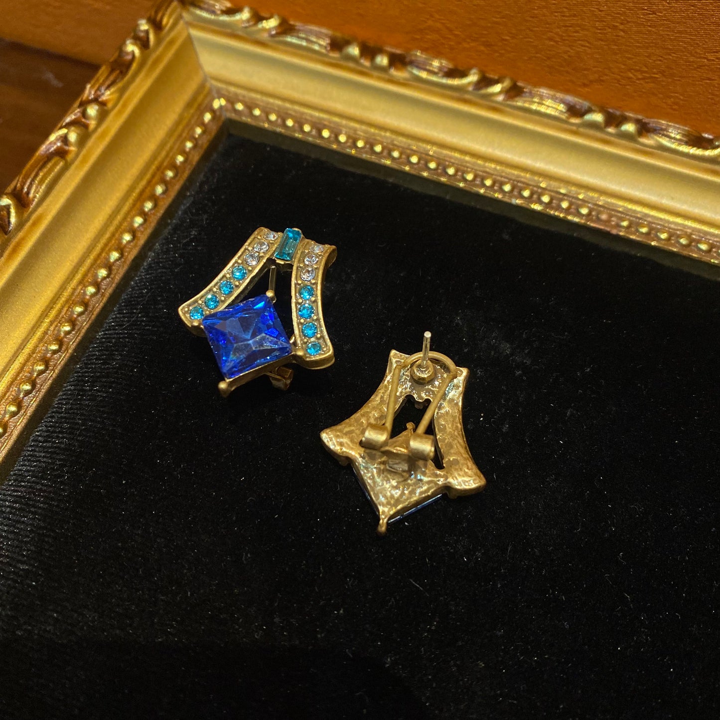 Fashion Vintage Designed brass earings 18k Gold-plated With blue Gemetric rhinestone Women'S Jewelry
