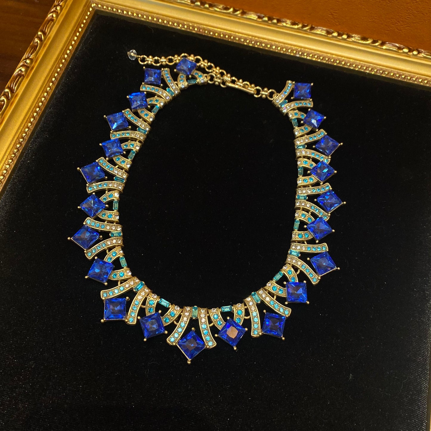 Fashion Vintage Designed brass adjustable Necklace 18k Gold-plated With blue Gemetric rhinestone Women'S Jewelry