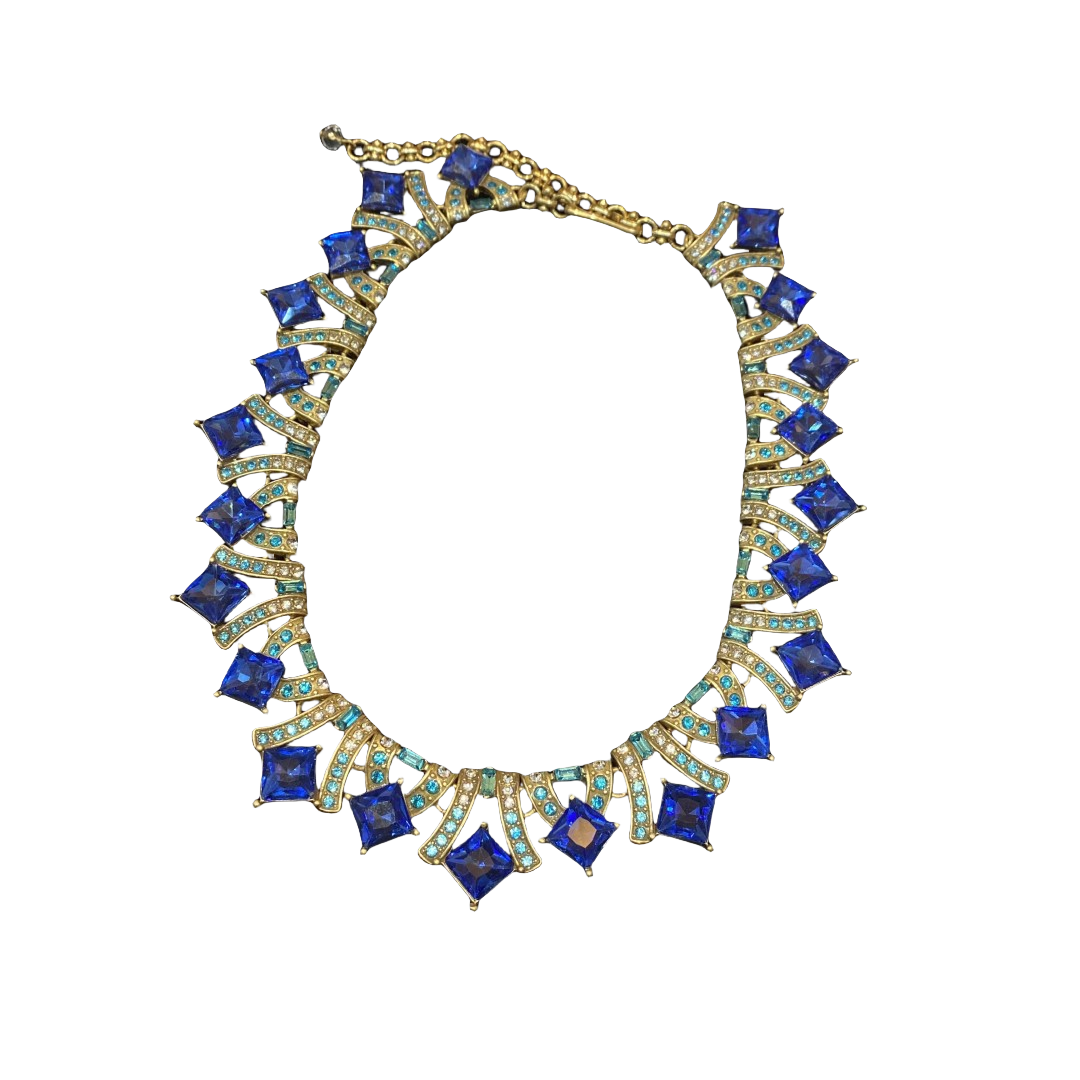 Fashion Vintage Designed brass adjustable Necklace 18k Gold-plated With blue Gemetric rhinestone Women'S Jewelry