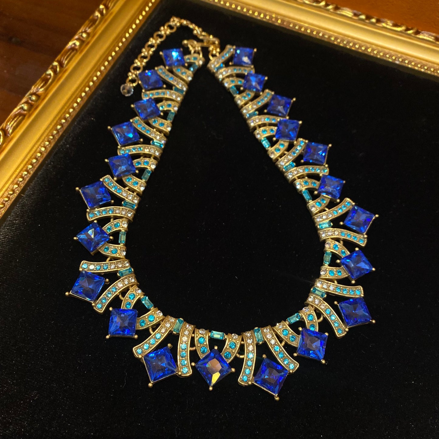 Fashion Vintage Designed brass adjustable Necklace 18k Gold-plated With blue Gemetric rhinestone Women'S Jewelry