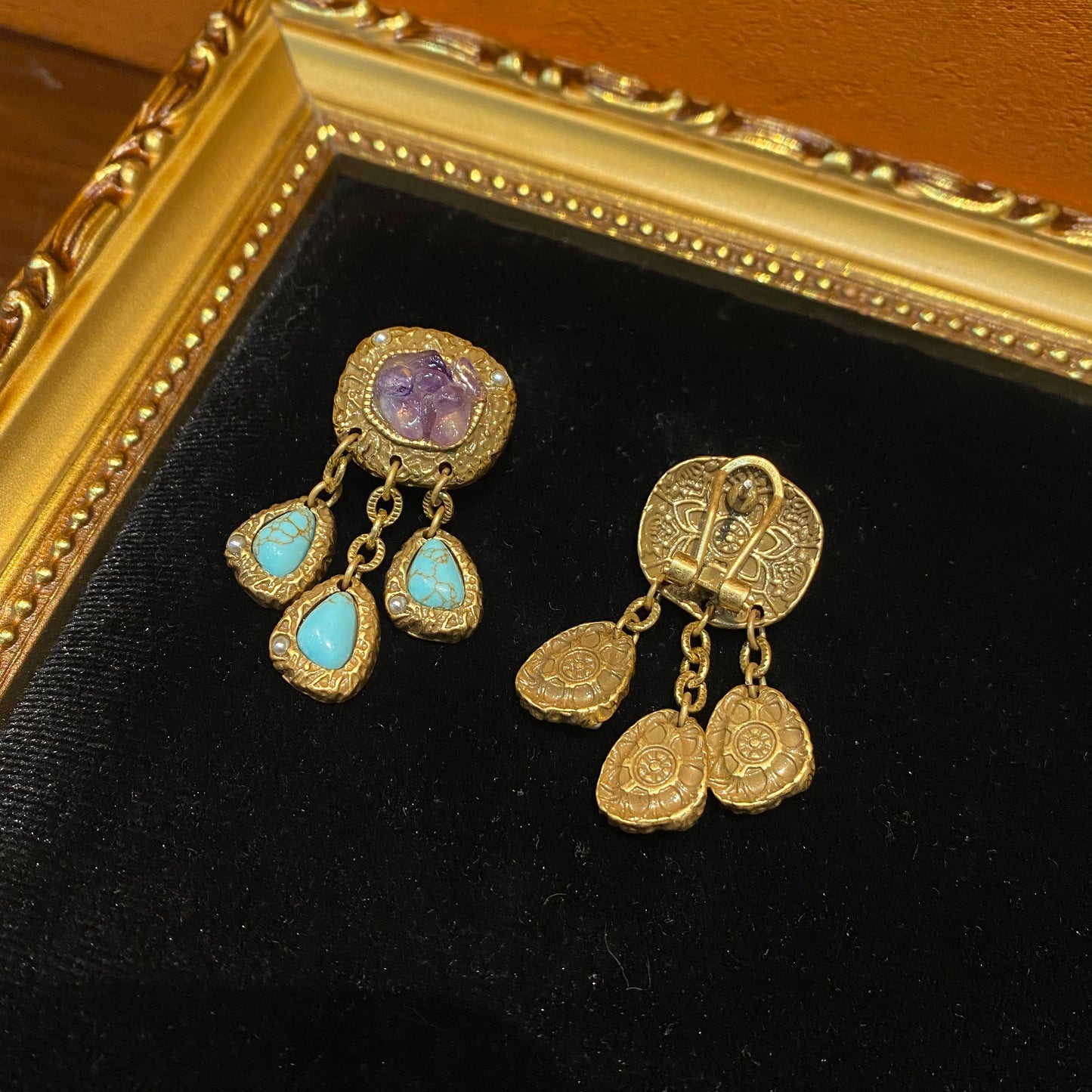 Vintage style designed a Squred shape with amethyst and tassle with turquoises earings fashion and trendy