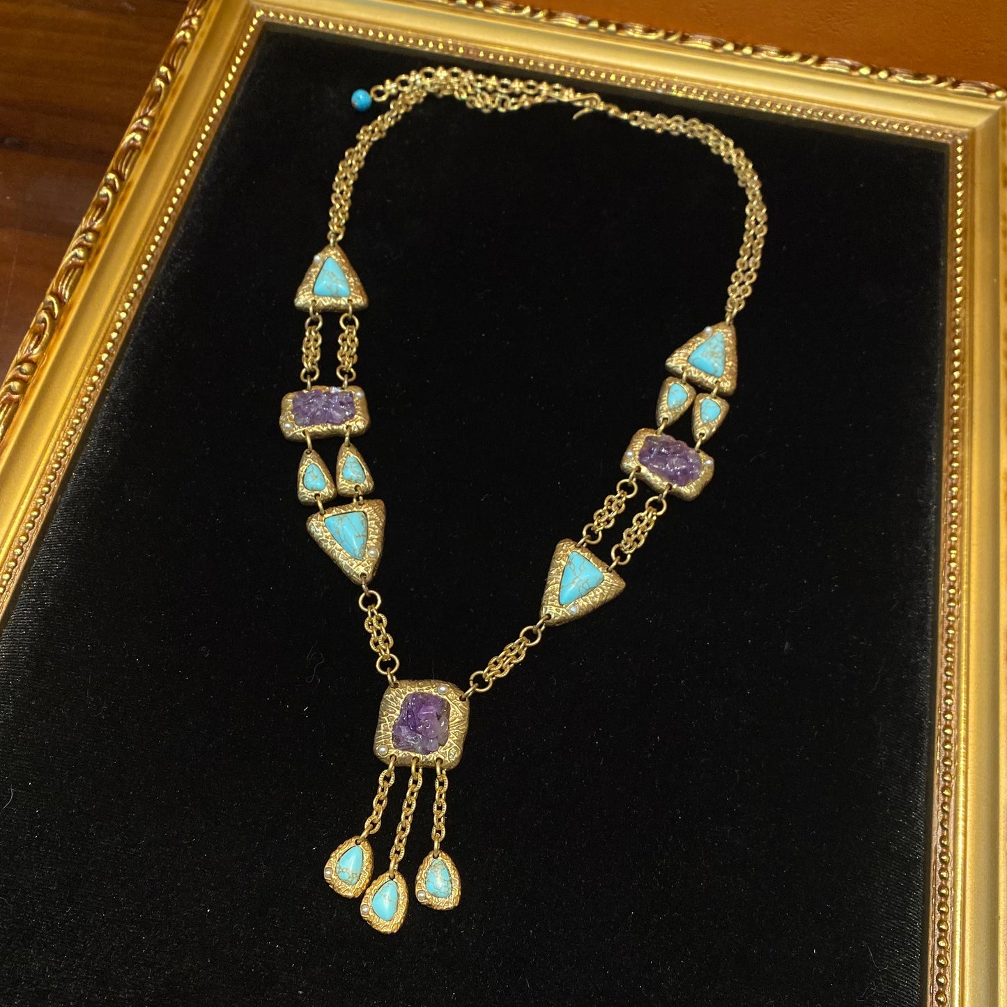 Vintage style designed adjustable brass necklace squred shape with amethyst and tassle with turquoises pendant fashion and trendy
