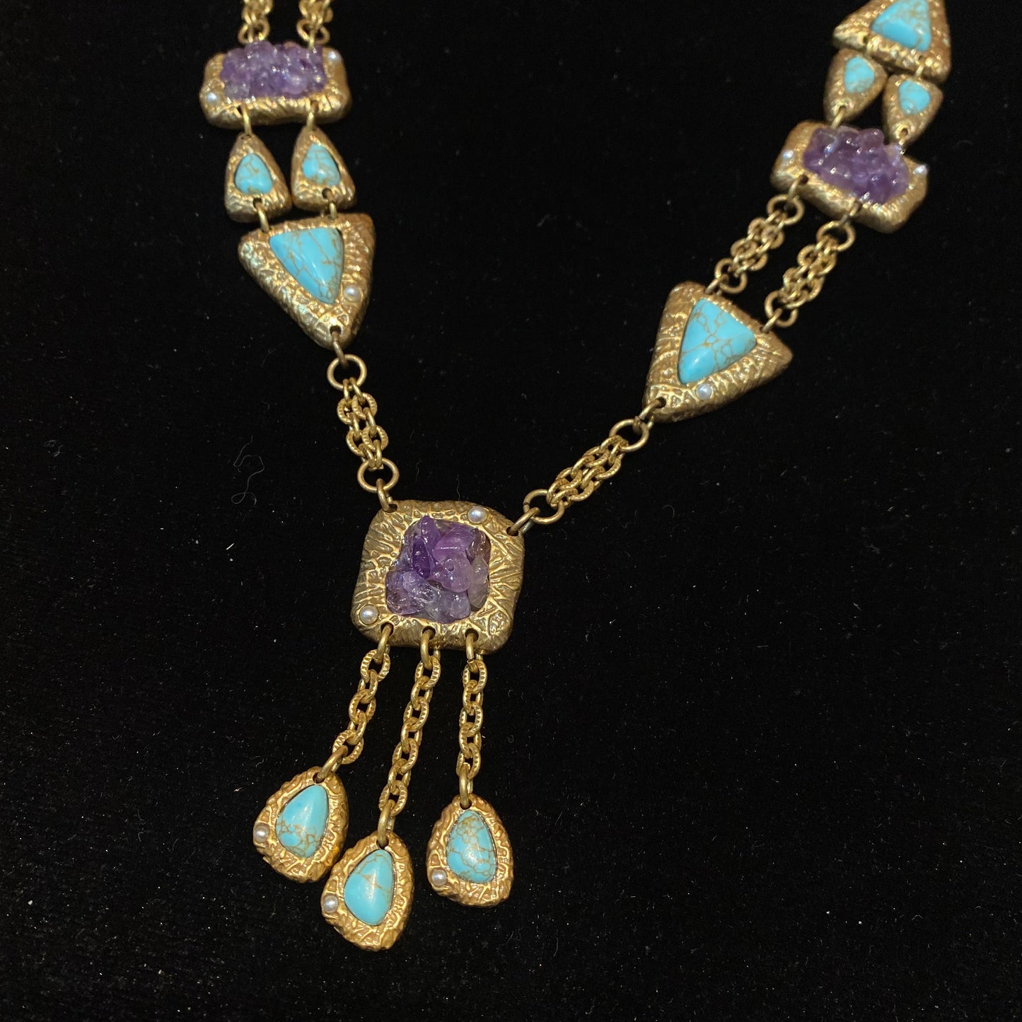 Vintage style designed adjustable brass necklace squred shape with amethyst and tassle with turquoises pendant fashion and trendy