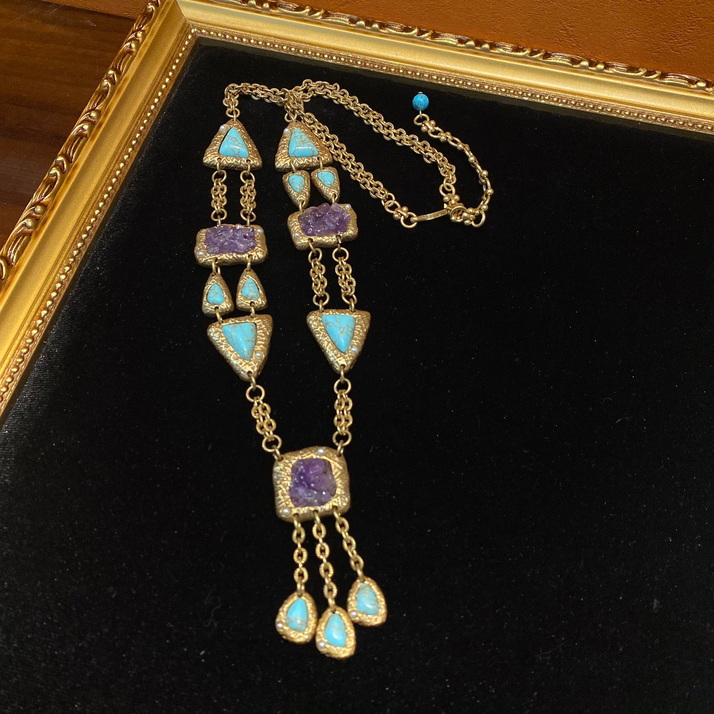 Vintage style designed adjustable brass necklace squred shape with amethyst and tassle with turquoises pendant fashion and trendy