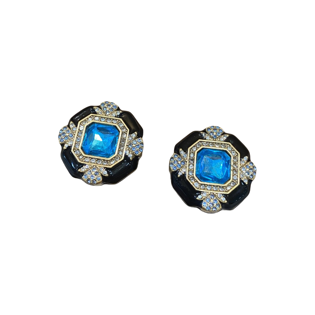Vintage style designed brass 18k-gold plated square earings with black enamelled and blue main rhinestone in the middles