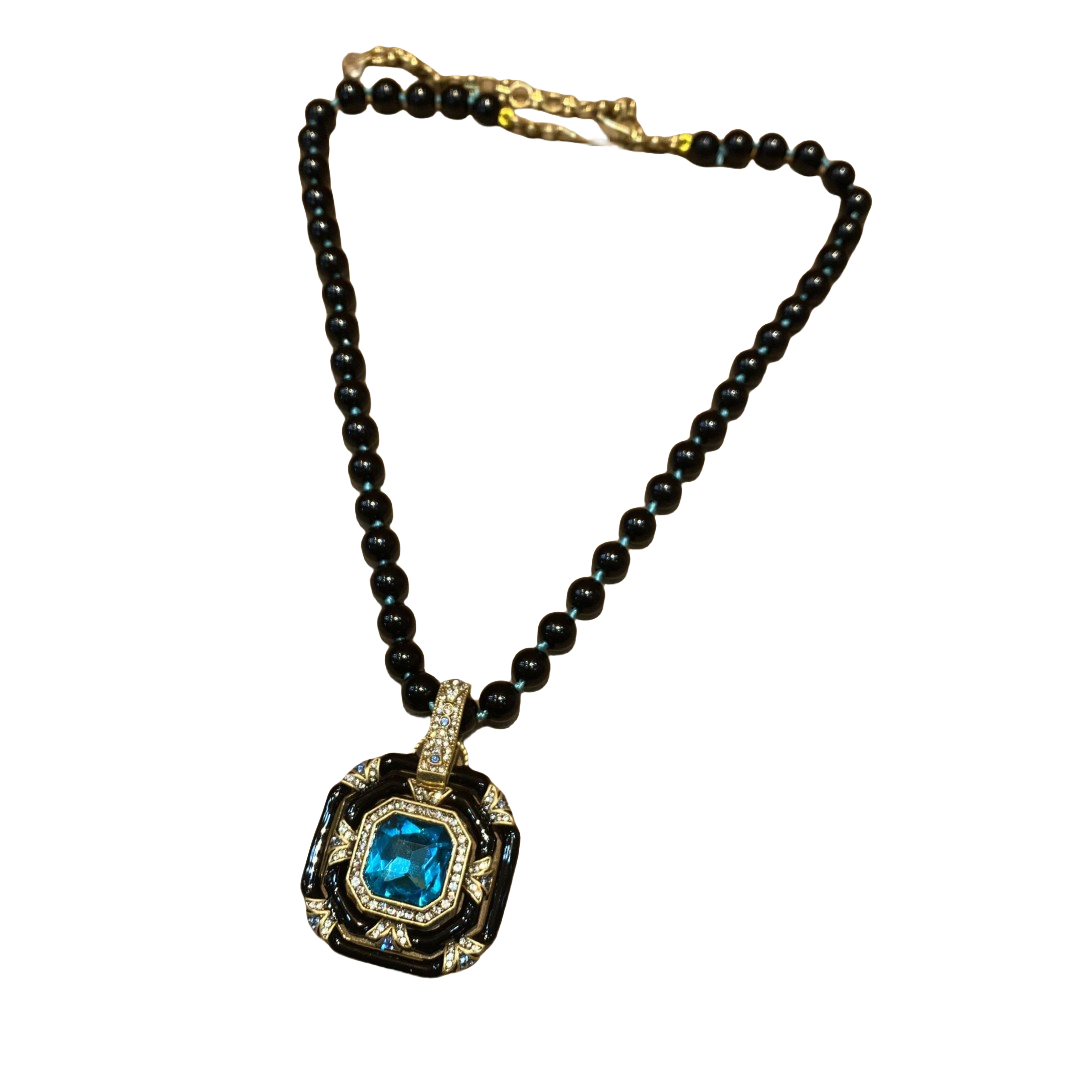 Vintage style designed brass 18k-gold plated square pendant necklace with black enamelled and blue main rhinestone in the middles