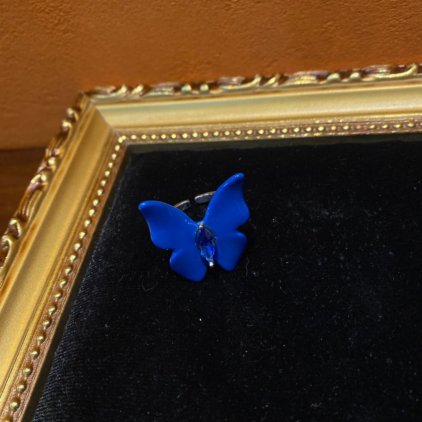 Trendy fasion butterfly rings brass white gold plated with blue blue enamelled