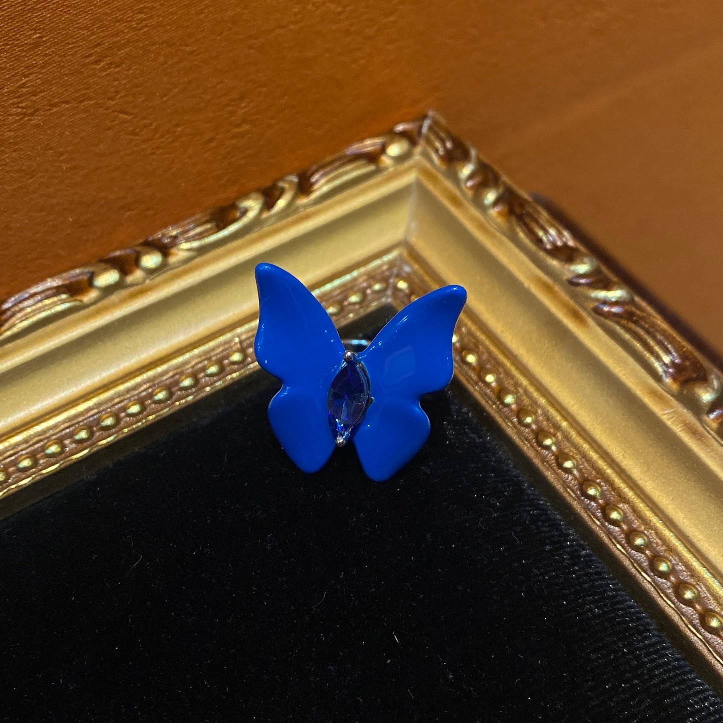 Trendy fasion butterfly rings brass white gold plated with blue blue enamelled