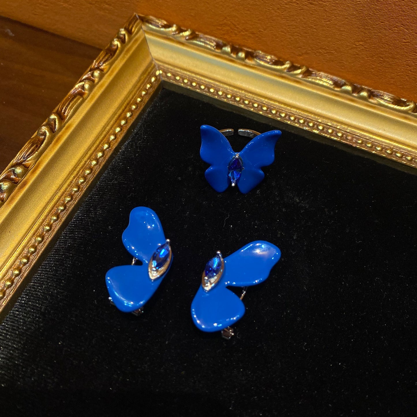 Trendy fasion butterfly rings brass white gold plated with blue blue enamelled