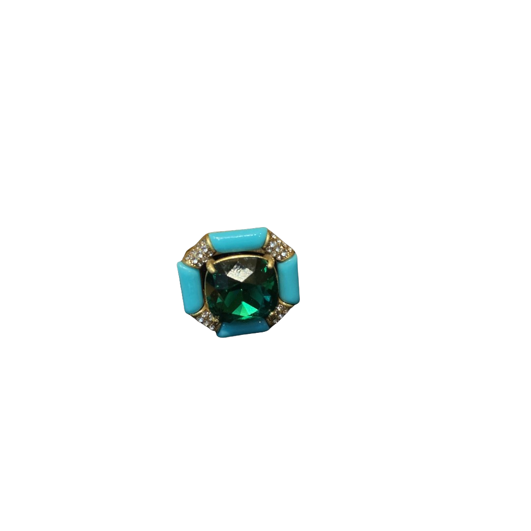 Vintage style designed brass 18k-gold plated ring with squre blue rhinestone and light blue enamel