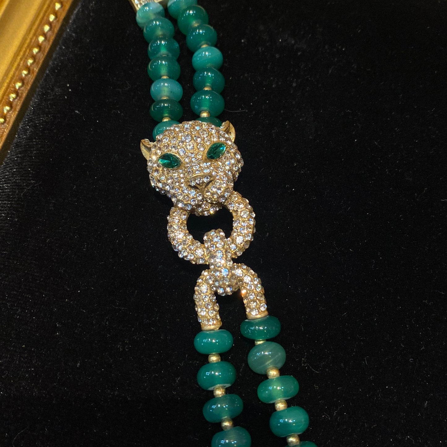 Vintage style 18k-gold plated brass in a panthera pardus shape with zincons and green agates as the double layer chains gorgerous.