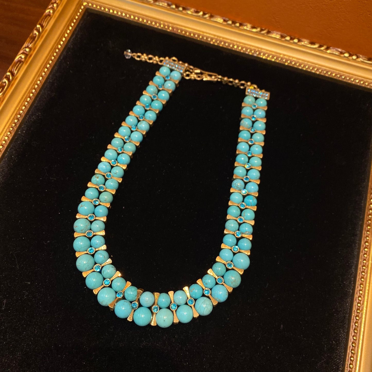 vintages style degined 18k-gold plated brass with turquoise beads and rhinestone double-layer necklace.